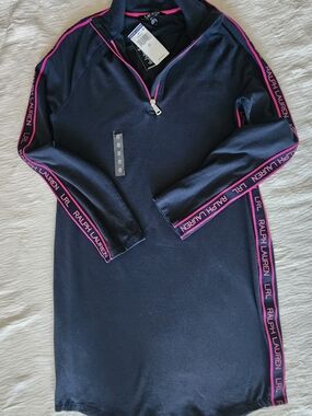 NWT Lauren Ralph Lauren LRL Logo Tape Terry Dress Quarter Zip Navy Pink